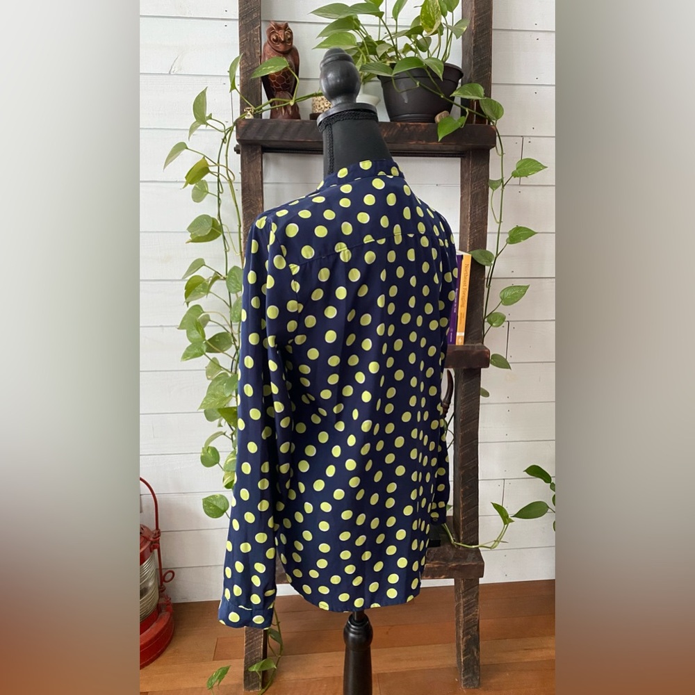 Gap: Blue Button Down Shirt with Green and White Polka Dots - Picture 13 of 17